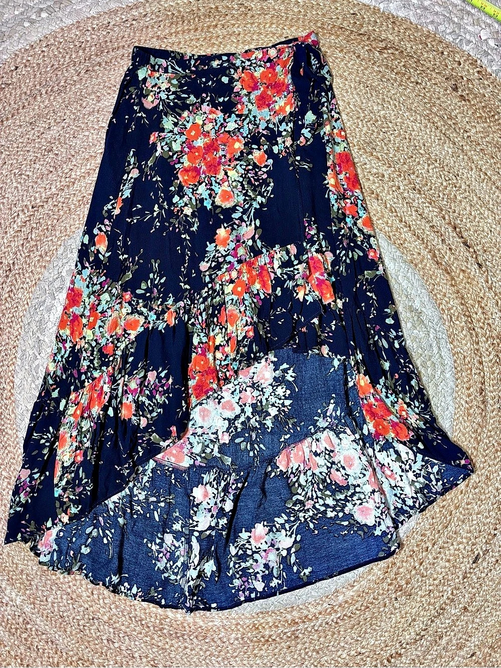 On the Road Floral Maxi Skirt Blue Red Ruffle High Low Rayon Womens Size XS